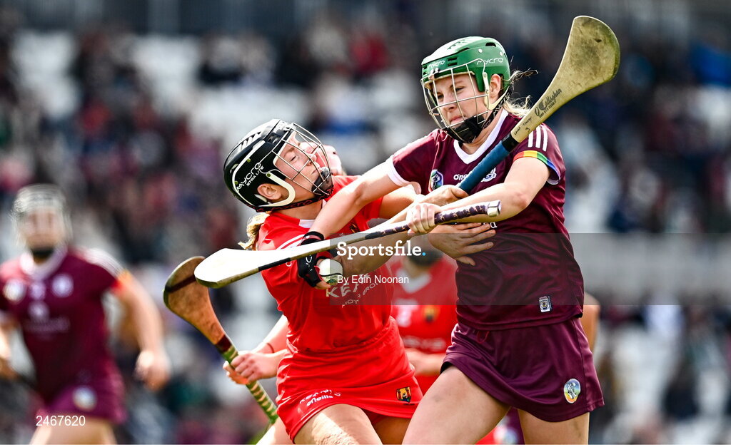 26 March 2023; Sabina Rabbitte of Galway in action against Laura Tracey of Cork during the Very Camogie League Division 1A match between Kilkenny and Galway at Páirc Ui Chaoimh in Cork. Photo by Eóin Noonan/Sportsfile