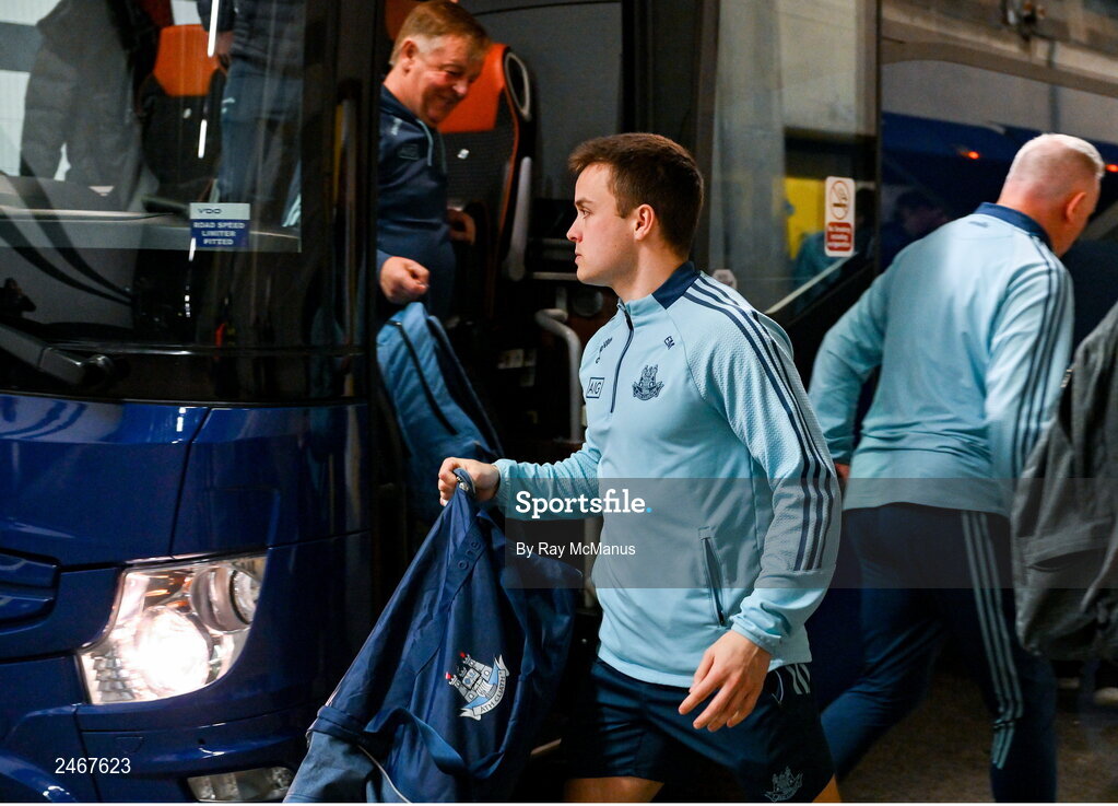 26 March 2023; Eoin Murchan of Dublin arrives for the Allianz Football League Division 2 match between Dublin and Louth at Croke Park in Dublin. Photo by Ray McManus/Sportsfile