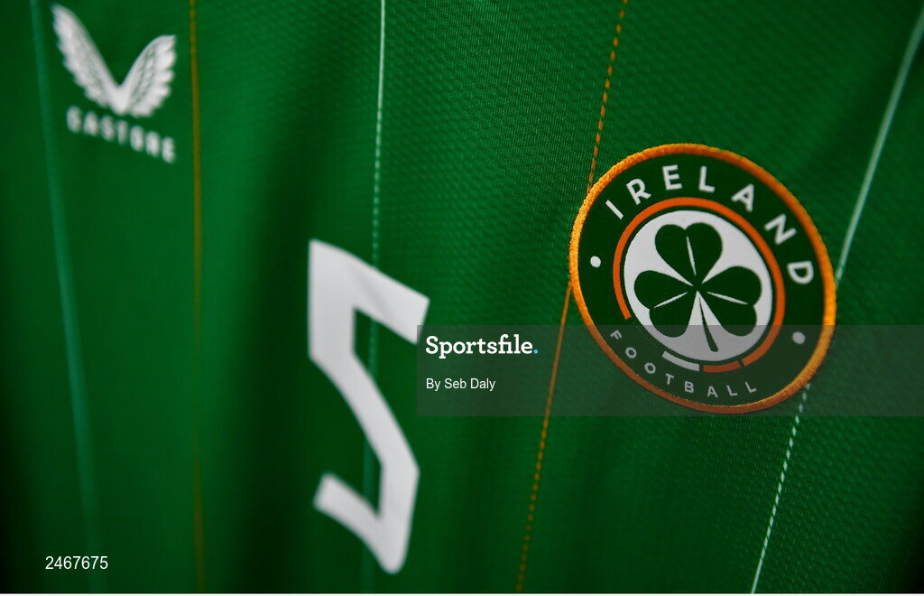 26 March 2023; A detailed view of the Republic of Ireland jersey before the Under-21 international friendly match between Republic of Ireland and Iceland at Turners Cross in Cork. Photo by Seb Daly/Sportsfile