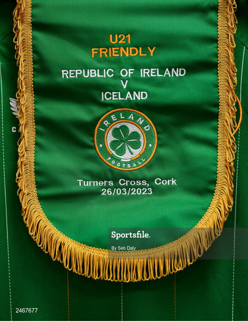 26 March 2023; A detailed view of the Republic of Ireland pennant before the Under-21 international friendly match between Republic of Ireland and Iceland at Turners Cross in Cork. Photo by Seb Daly/Sportsfile