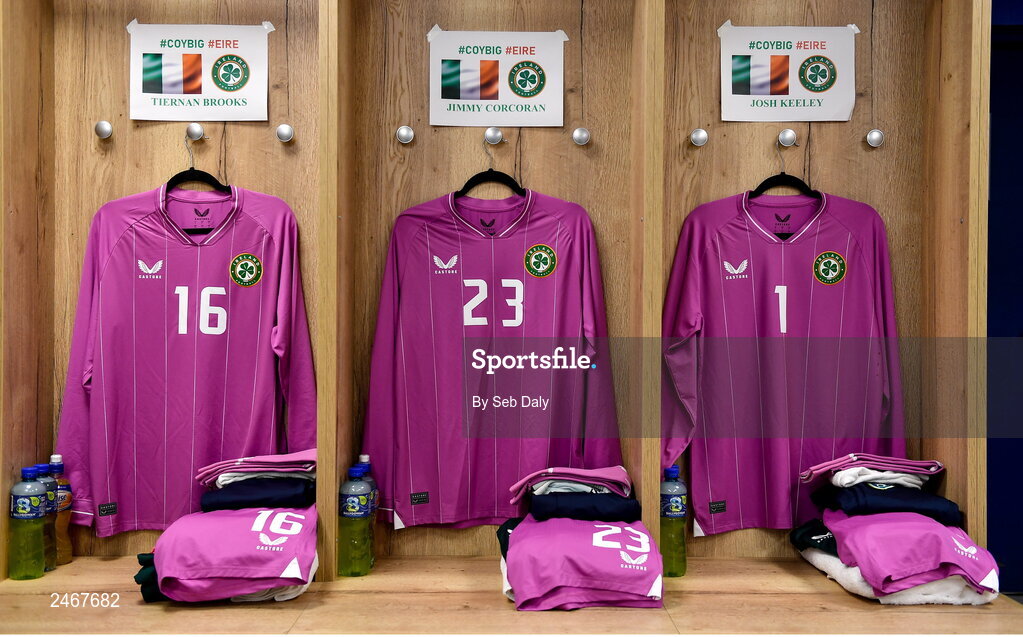 26 March 2023; Republic of Ireland goalkeepers' jerseys, from left, Tiernan Brooks, Jimmy Corcoran and Josh Keeley hang in the dressing room before the Under-21 international friendly match between Republic of Ireland and Iceland at Turners Cross in Cork. Photo by Seb Daly/Sportsfile