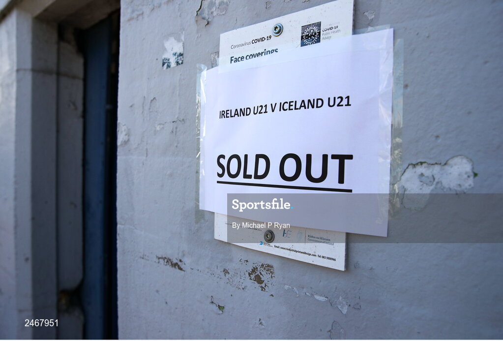 26 March 2023; A sold out sign are seen before the Under-21 international friendly match between Republic of Ireland and Iceland at Turner's Cross in Cork. Photo by Michael P Ryan/Sportsfile