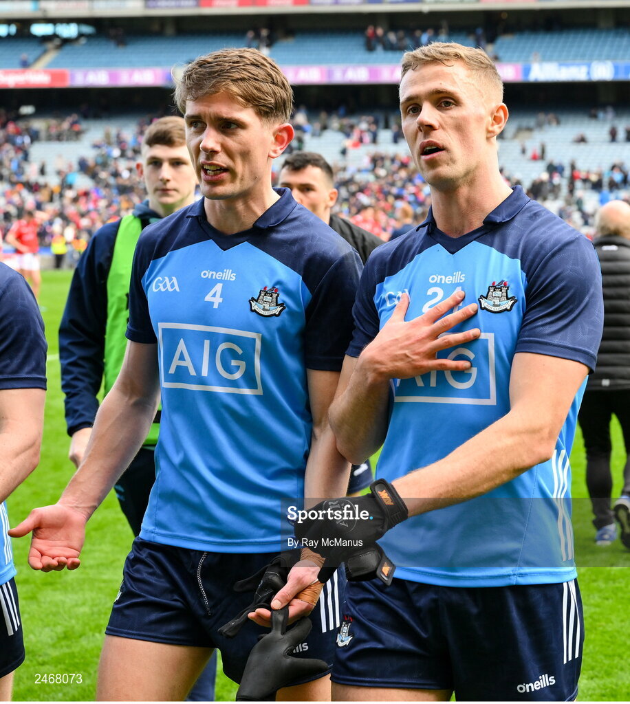 26 March 2023; Michael Fitzsimons of Dublin and Paul Mannion, right, after the Allianz Football League Division 2 match between Dublin and Louth at Croke Park in Dublin. Photo by Ray McManus/Sportsfile