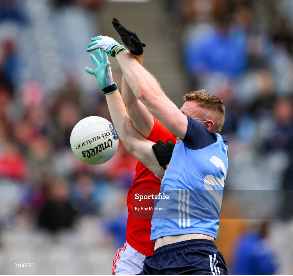 26 March 2023; Paddy Small of Dublin in action against Peter Lynch of Louth during the Allianz Football League Division 2 match between Dublin and Louth at Croke Park in Dublin. Photo by Ray McManus/Sportsfile