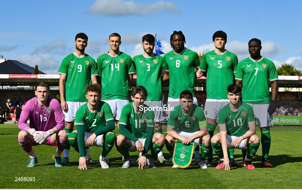 26 March 2023; Republic of Ireland players during a team photograph before the Under-21 international friendly match between Republic of Ireland and Iceland at Turners Cross in Cork. Photo by Seb Daly/Sportsfile