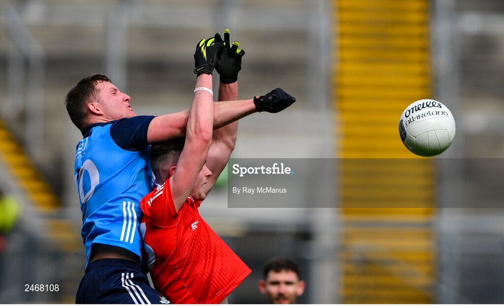 26 March 2023; Ciarán Kilkenny of Dublin in action against Conall McCaul of Louth during the Allianz Football League Division 2 match between Dublin and Louth at Croke Park in Dublin. Photo by Ray McManus/Sportsfile