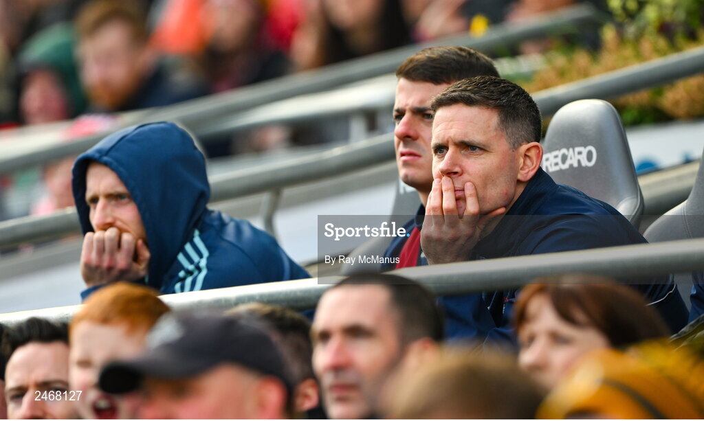 26 March 2023; Dublin substitute Stephen Cluxton, right, watches the second half of Allianz Football League Division 2 match between Dublin and Louth at Croke Park in Dublin. Photo by Ray McManus/Sportsfile
