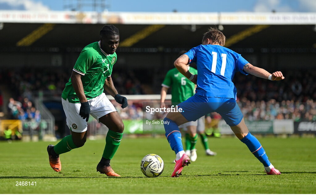 26 March 2023; Festy Ebosele of Republic of Ireland in action against Isak Andri Sigurgeirsson of Iceland during the Under-21 international friendly match between Republic of Ireland and Iceland at Turners Cross in Cork. Photo by Seb Daly/Sportsfile