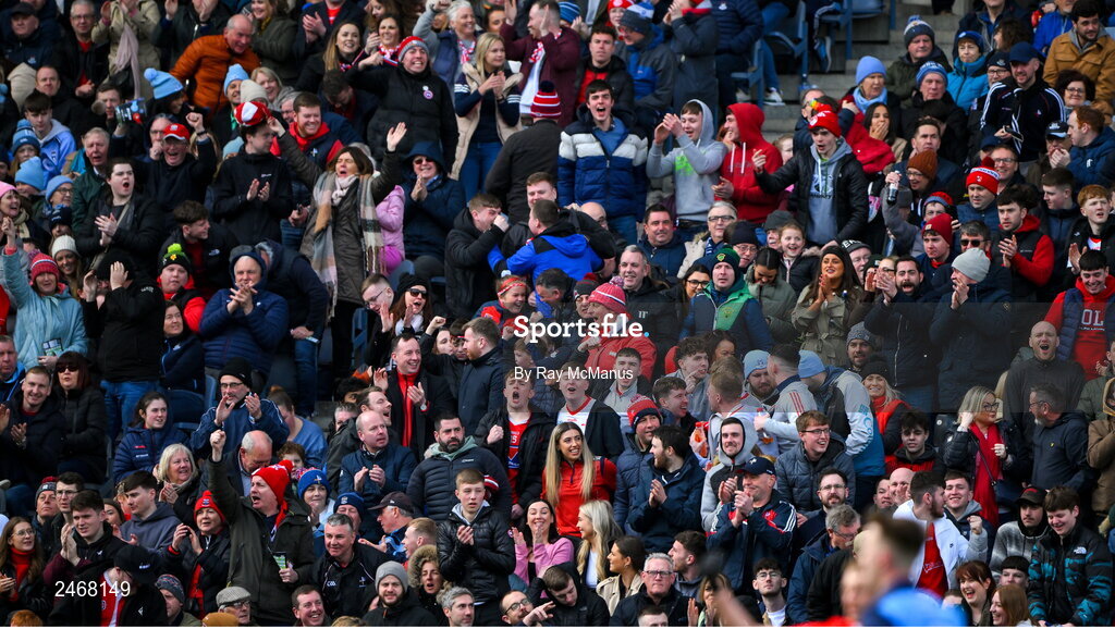 26 March 2023; Louth supporters, in the Hogan Stand, celebrate their side's 48th minute goal during the Allianz Football League Division 2 match between Dublin and Louth at Croke Park in Dublin. Photo by Ray McManus/Sportsfile