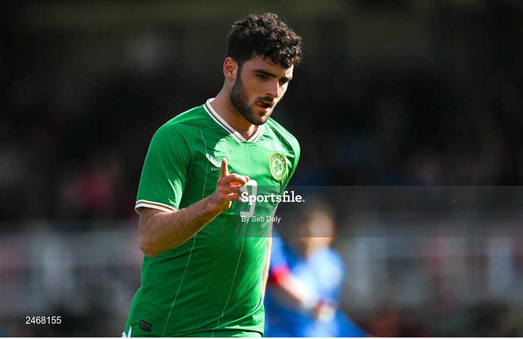 26 March 2023; Tom Cannon of Republic of Ireland celebrates after scoring his side's first goal during the Under-21 international friendly match between Republic of Ireland and Iceland at Turners Cross in Cork. Photo by Seb Daly/Sportsfile