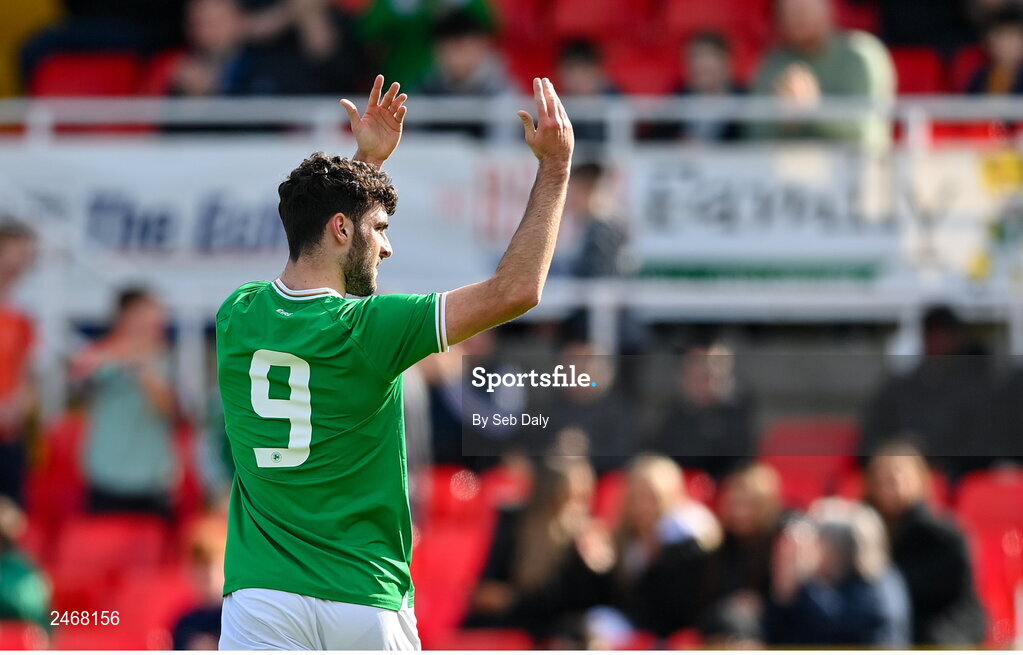 26 March 2023; Tom Cannon of Republic of Ireland celebrates after scoring his side's first goal during the Under-21 international friendly match between Republic of Ireland and Iceland at Turners Cross in Cork. Photo by Seb Daly/Sportsfile