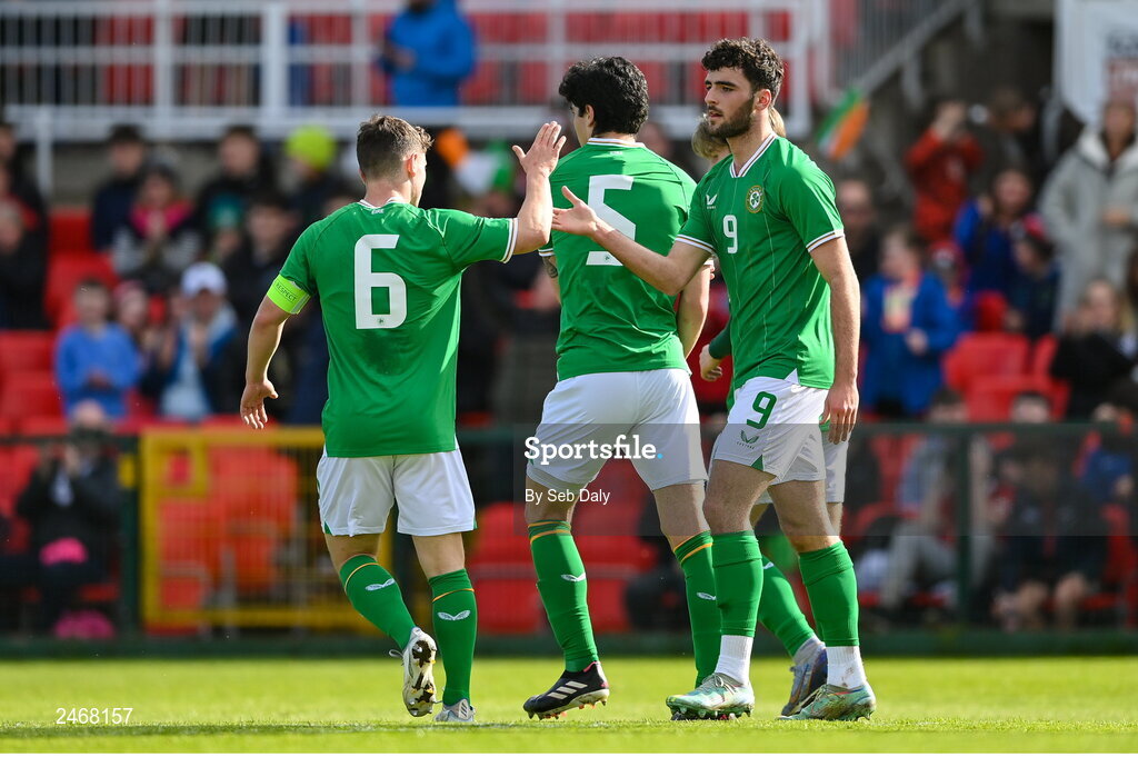 26 March 2023; Tom Cannon of Republic of Ireland, right, celebrates with teammate Joe Hodge, 6, after scoring their side's first goal during the Under-21 international friendly match between Republic of Ireland and Iceland at Turners Cross in Cork. Photo by Seb Daly/Sportsfile
