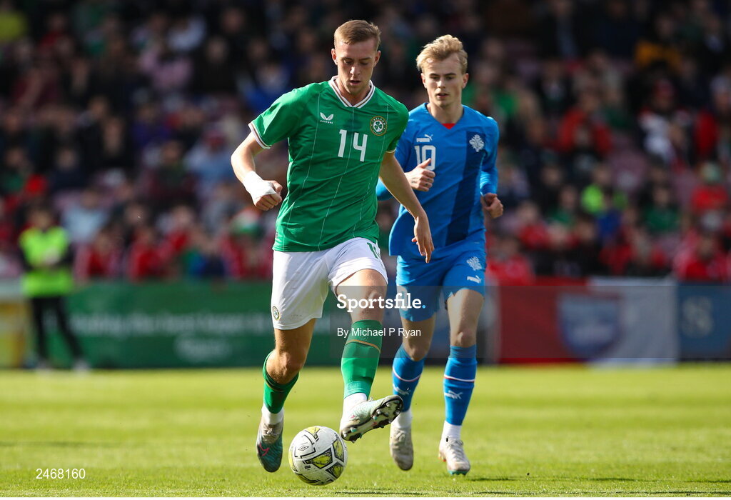 26 March 2023; Killian Phillips of Republic of Ireland in action against Kristall Mani Ingason of Iceland during the Under-21 international friendly match between Republic of Ireland and Iceland at Turner's Cross in Cork. Photo by Michael P Ryan/Sportsfile