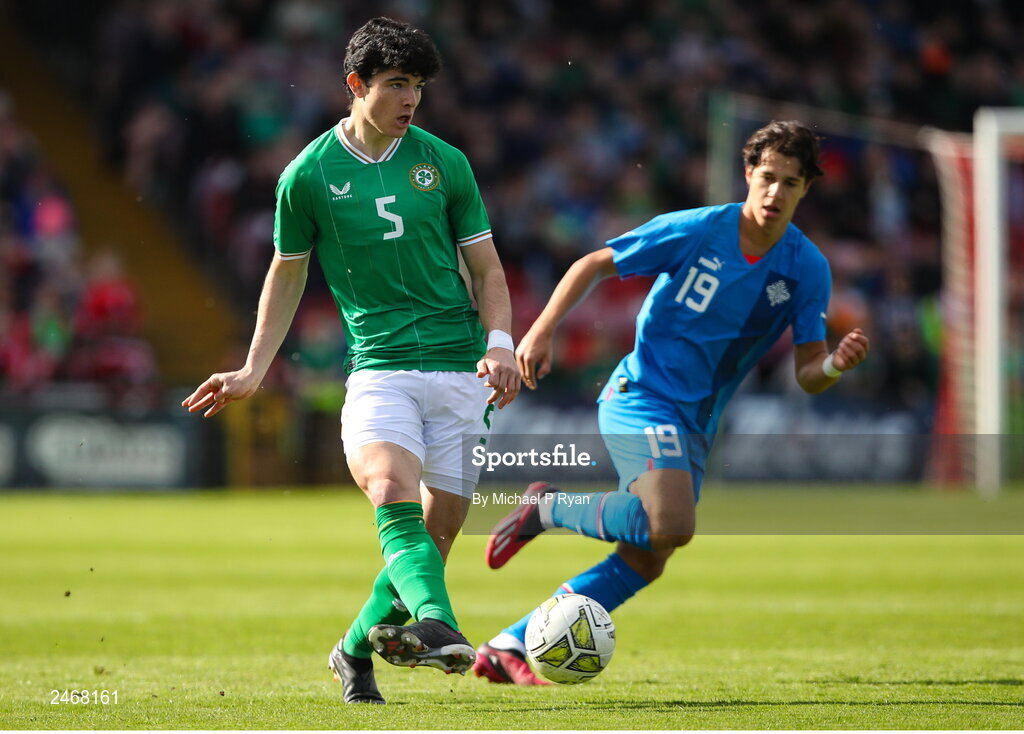 26 March 2023; Anselmo Garcia MacNulty of Republic of Ireland in action against Danijel Dejan Djuric of Iceland during the Under-21 international friendly match between Republic of Ireland and Iceland at Turner's Cross in Cork. Photo by Michael P Ryan/Sportsfile