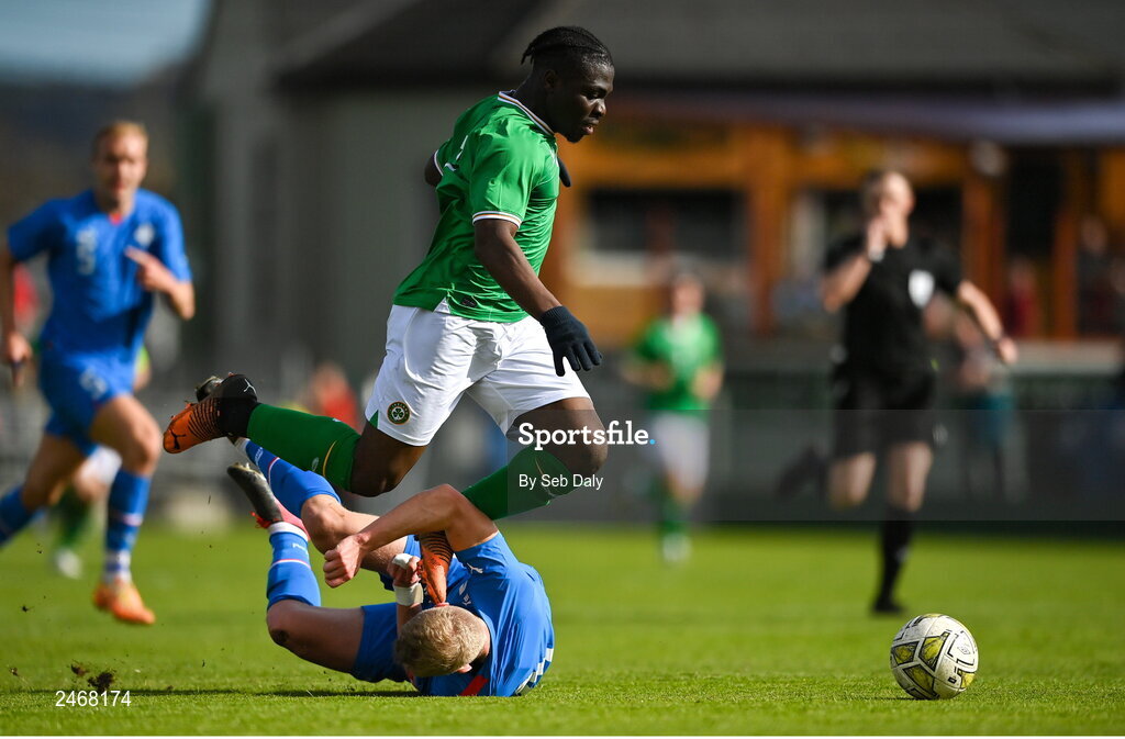 26 March 2023; Festy Ebosele of Republic of Ireland and Robert Orri Thorkelsson of Iceland during the Under-21 international friendly match between Republic of Ireland and Iceland at Turners Cross in Cork. Photo by Seb Daly/Sportsfile