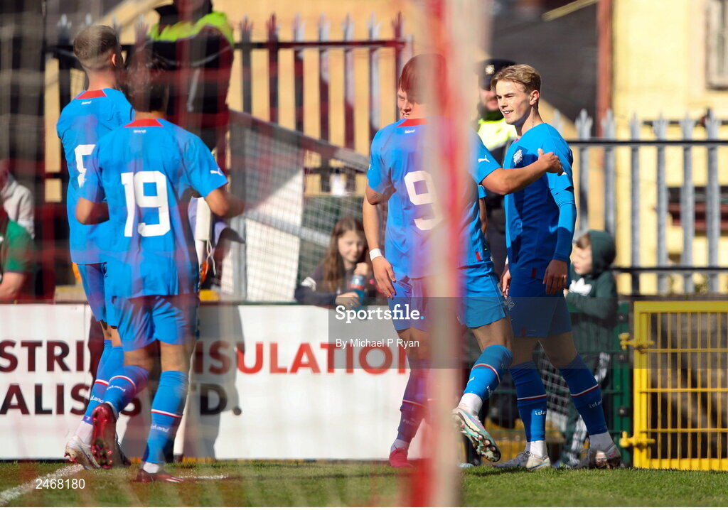 26 March 2023; Anselmo Garcia MacNulty of Iceland, right, celebrates after scoring his side's first goal during the Under-21 international friendly match between Republic of Ireland and Iceland at Turner's Cross in Cork. Photo by Michael P Ryan/Sportsfile