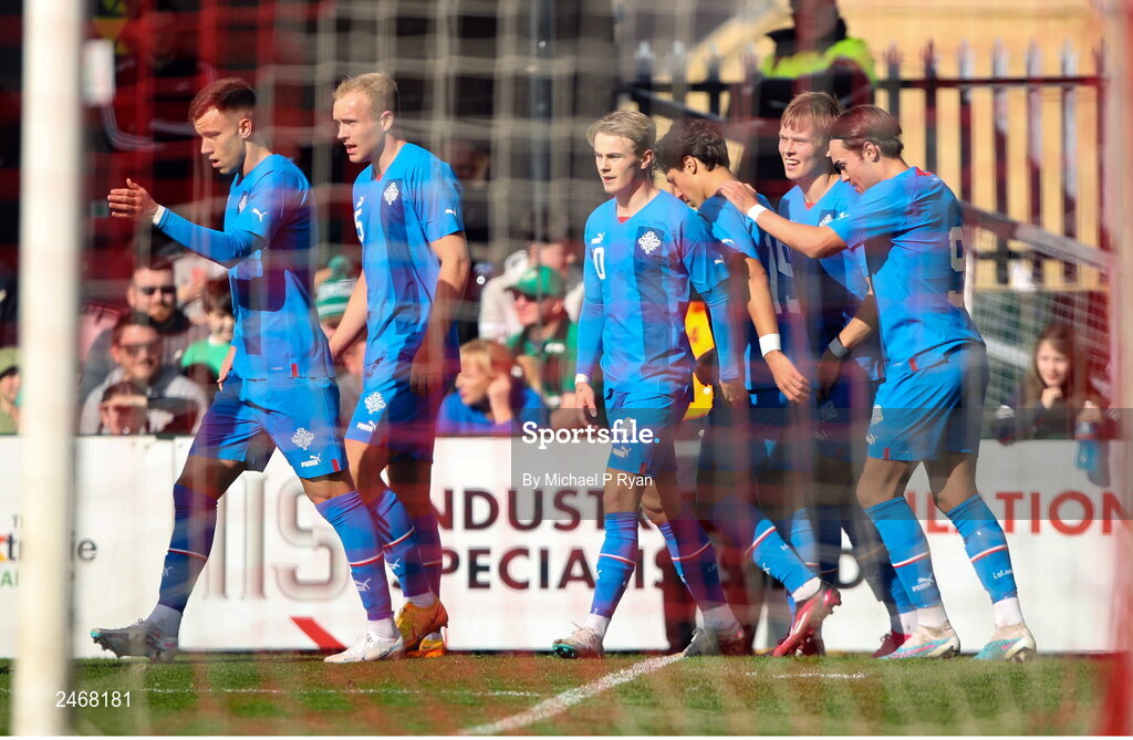 26 March 2023; Kristall Mani Ingason of Iceland, fourth from right, celebrates after scoring his side's first goal during the Under-21 international friendly match between Republic of Ireland and Iceland at Turner's Cross in Cork. Photo by Michael P Ryan/Sportsfile