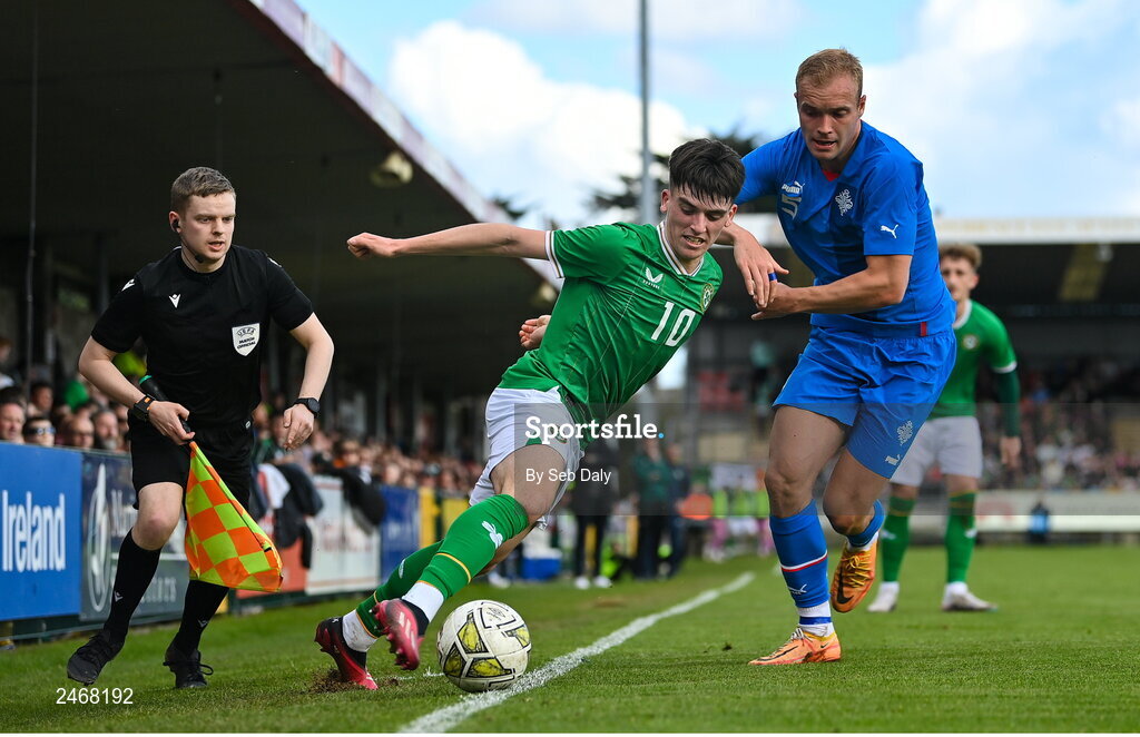 26 March 2023; Andrew Moran of Republic of Ireland in action against Olafur Guomundsson of Iceland during the Under-21 international friendly match between Republic of Ireland and Iceland at Turners Cross in Cork. Photo by Seb Daly/Sportsfile