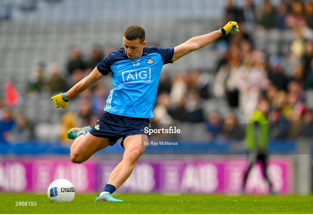 26 March 2023; Cormac Costello of Dublin, kicks a free, during the Allianz Football League Division 2 match between Dublin and Louth at Croke Park in Dublin. Photo by Ray McManus/Sportsfile