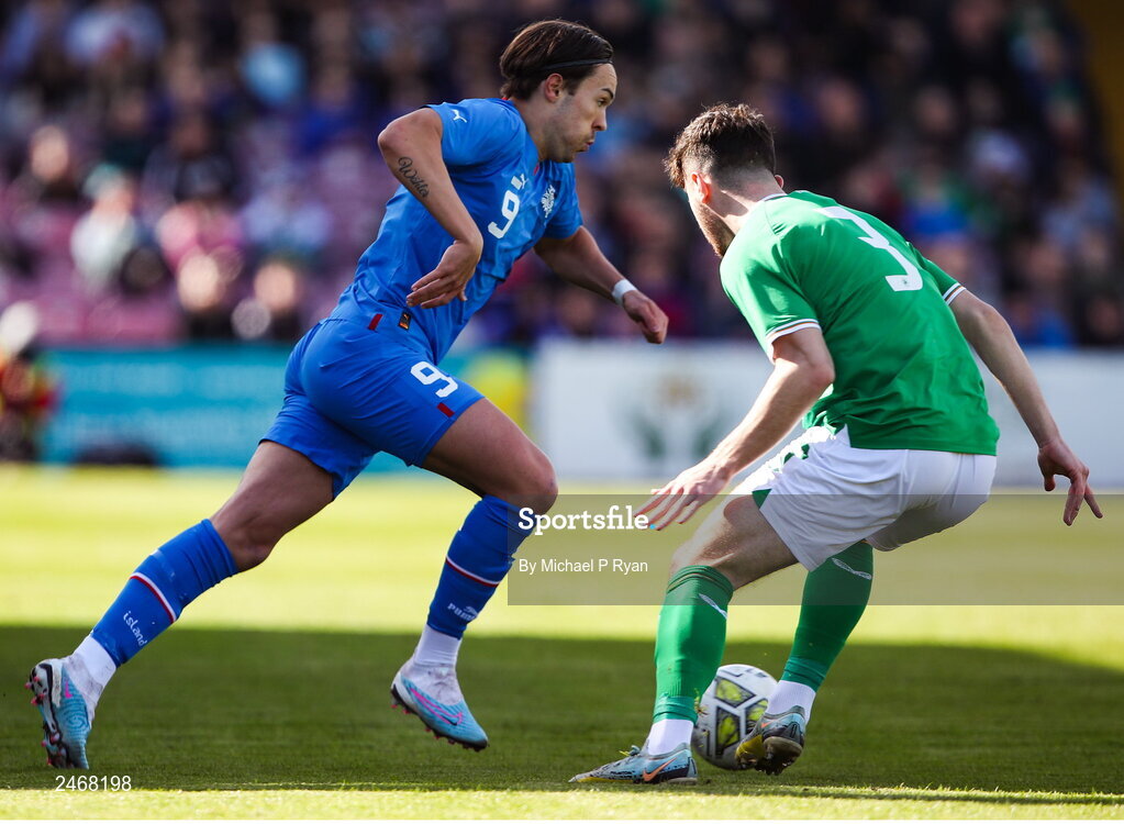 26 March 2023; Eythor Aron Wohler of Iceland in action against Sean Roughan of Republic of Ireland during the Under-21 international friendly match between Republic of Ireland and Iceland at Turner's Cross in Cork. Photo by Michael P Ryan/Sportsfile
