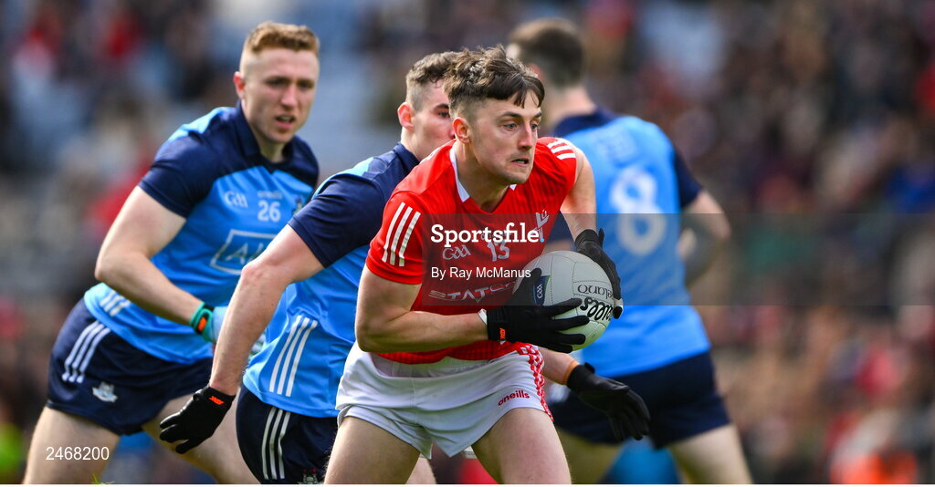 26 March 2023; Dáire McConnon of Louth in action against Lee Gannon of Dublin during the Allianz Football League Division 2 match between Dublin and Louth at Croke Park in Dublin. Photo by Ray McManus/Sportsfile