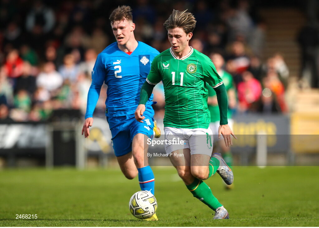 26 March 2023; Ollie O’Neill of Republic of Ireland in action against Jakob Franz Palsson of Iceland during the Under-21 international friendly match between Republic of Ireland and Iceland at Turner's Cross in Cork. Photo by Michael P Ryan/Sportsfile