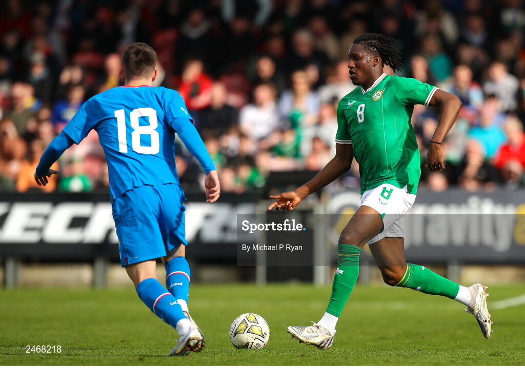 26 March 2023; Bosun Lawal of Republic of Ireland in action against Andri Hoti of Iceland during the Under-21 international friendly match between Republic of Ireland and Iceland at Turner's Cross in Cork. Photo by Michael P Ryan/Sportsfile