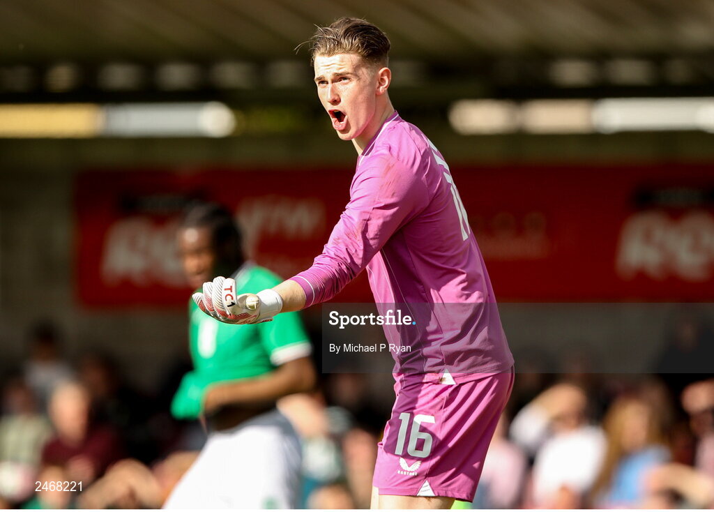 26 March 2023; Republic of Ireland goalkeeper Tiernan Brooks during the Under-21 international friendly match between Republic of Ireland and Iceland at Turner's Cross in Cork. Photo by Michael P Ryan/Sportsfile