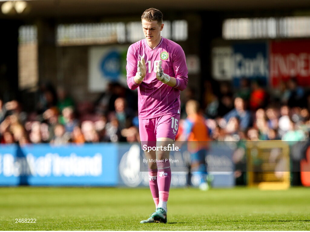 26 March 2023; Republic of Ireland goalkeeper Tiernan Brooks during the Under-21 international friendly match between Republic of Ireland and Iceland at Turner's Cross in Cork. Photo by Michael P Ryan/Sportsfile