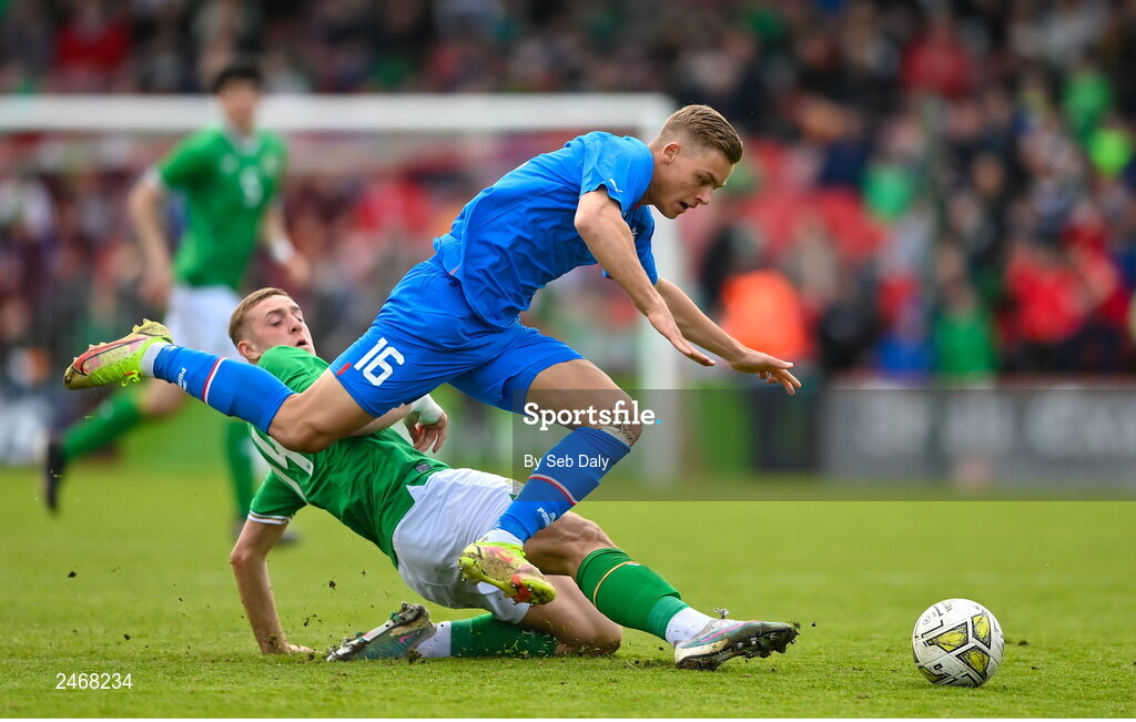26 March 2023; Kristofer Jonsson of Iceland is tackled by Killian Phillips of Republic of Ireland during the Under-21 international friendly match between Republic of Ireland and Iceland at Turners Cross in Cork. Photo by Seb Daly/Sportsfile