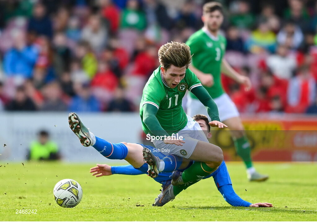 26 March 2023; Ollie O’Neill of Republic of Ireland is tackled by Andri Hoti of Iceland during the Under-21 international friendly match between Republic of Ireland and Iceland at Turners Cross in Cork. Photo by Seb Daly/Sportsfile