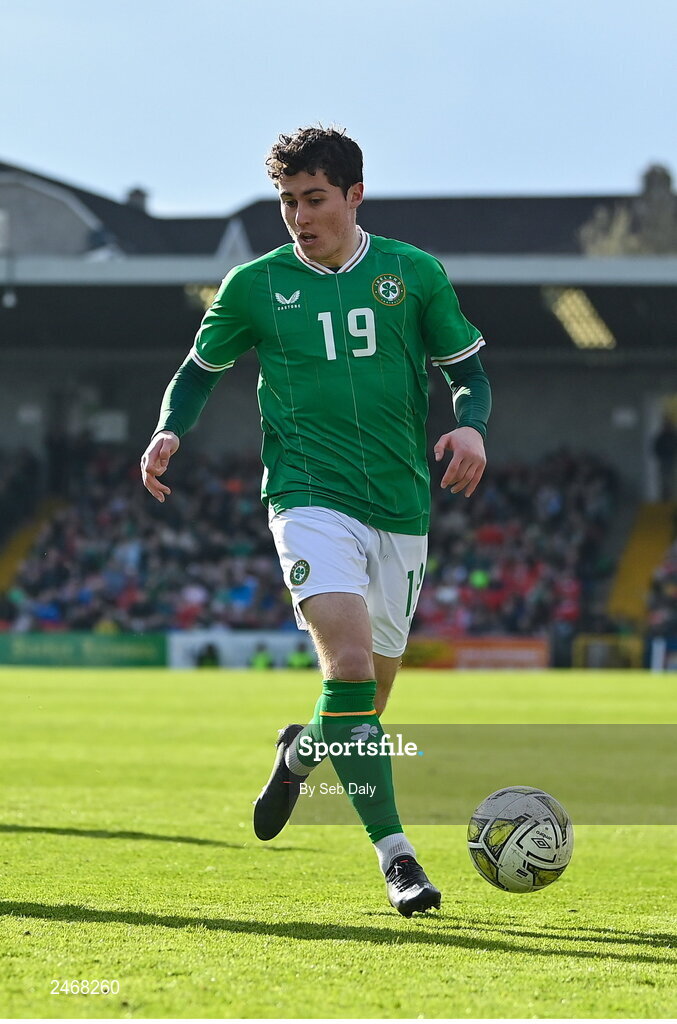 26 March 2023; Kian Leavy of Republic of Ireland during the Under-21 international friendly match between Republic of Ireland and Iceland at Turners Cross in Cork. Photo by Seb Daly/Sportsfile