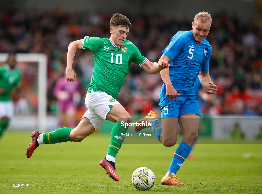 26 March 2023; Andrew Moran of Republic of Ireland in action against Olafur Guomundsson of Iceland during the Under-21 international friendly match between Republic of Ireland and Iceland at Turner's Cross in Cork. Photo by Michael P Ryan/Sportsfile
