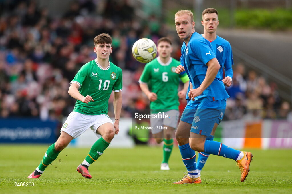 26 March 2023; Andrew Moran of Republic of Ireland in action against Olafur Guomundsson of Iceland during the Under-21 international friendly match between Republic of Ireland and Iceland at Turner's Cross in Cork. Photo by Michael P Ryan/Sportsfile