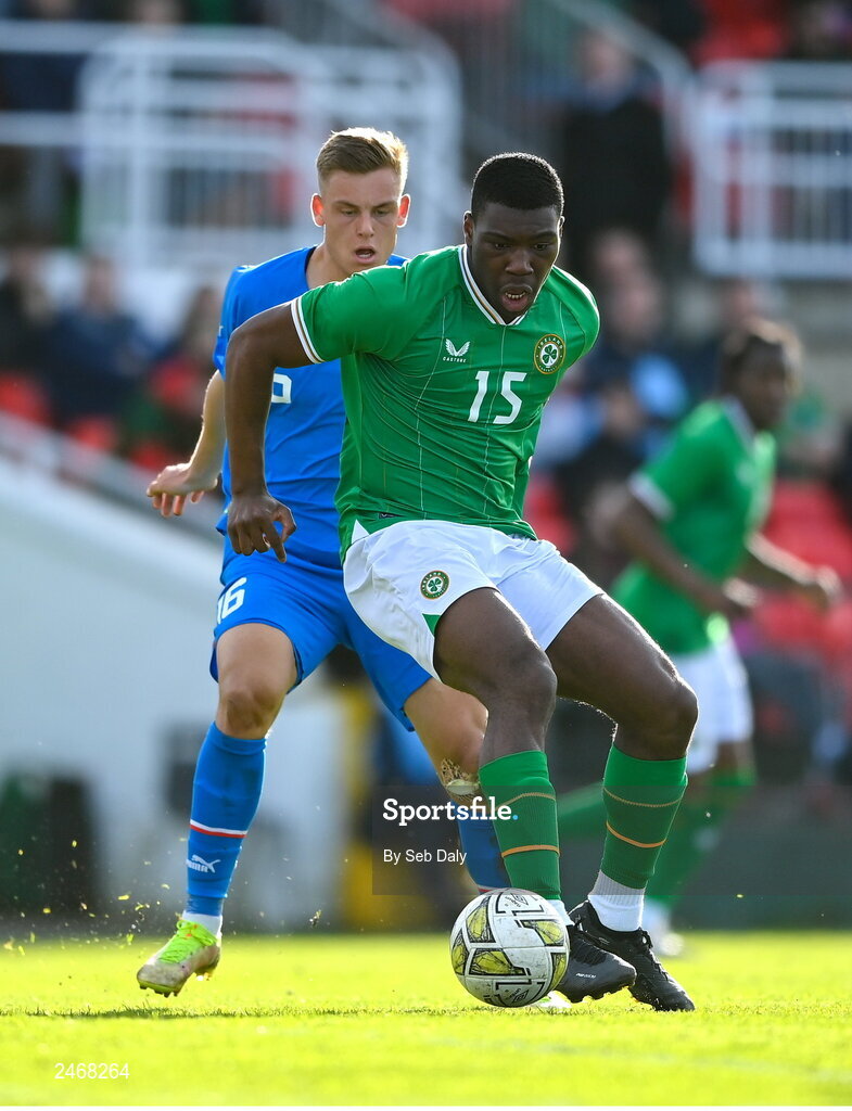 26 March 2023; Sinclair Armstrong of Republic of Ireland in action against Kristofer Jonsson of Iceland during the Under-21 international friendly match between Republic of Ireland and Iceland at Turners Cross in Cork. Photo by Seb Daly/Sportsfile