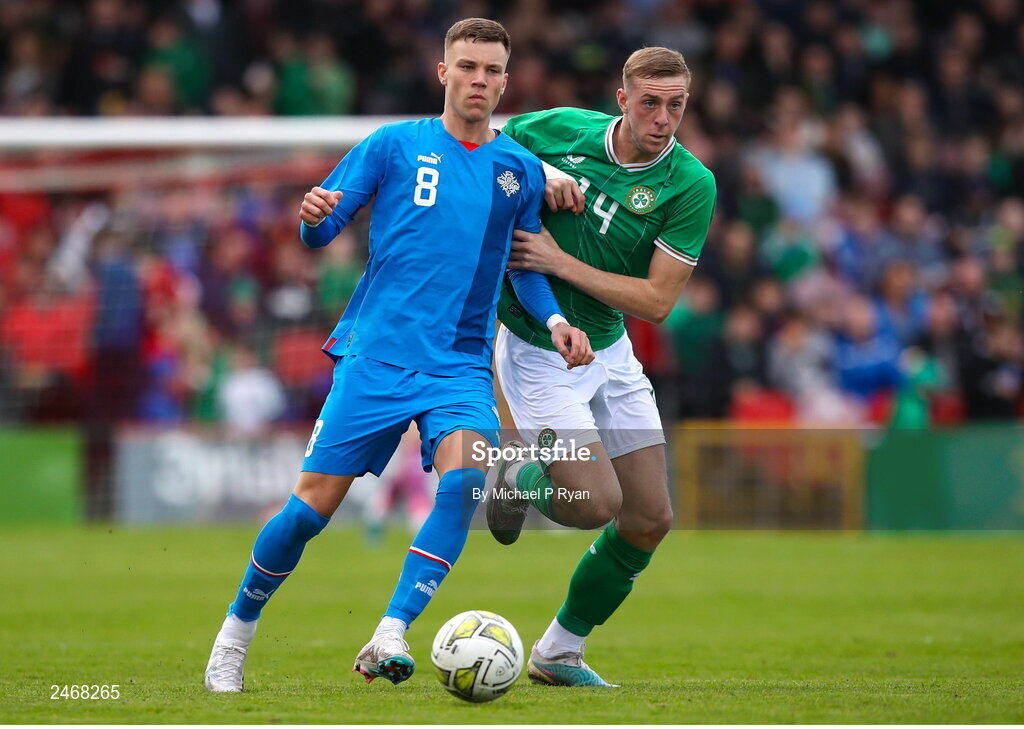26 March 2023; Andri Fannar Baldursson of Iceland in action against Killian Phillips of Republic of Ireland during the Under-21 international friendly match between Republic of Ireland and Iceland at Turner's Cross in Cork. Photo by Michael P Ryan/Sportsfile