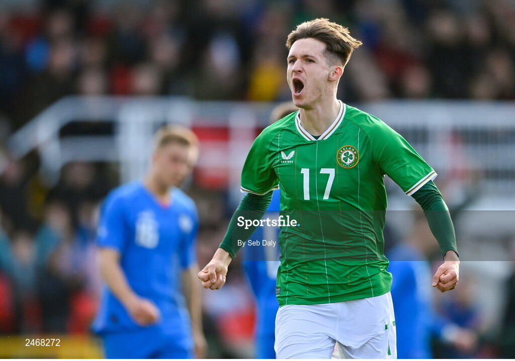 26 March 2023; Johnny Kenny of Republic of Ireland celebrates after scoring his side's second goal during the Under-21 international friendly match between Republic of Ireland and Iceland at Turners Cross in Cork. Photo by Seb Daly/Sportsfile