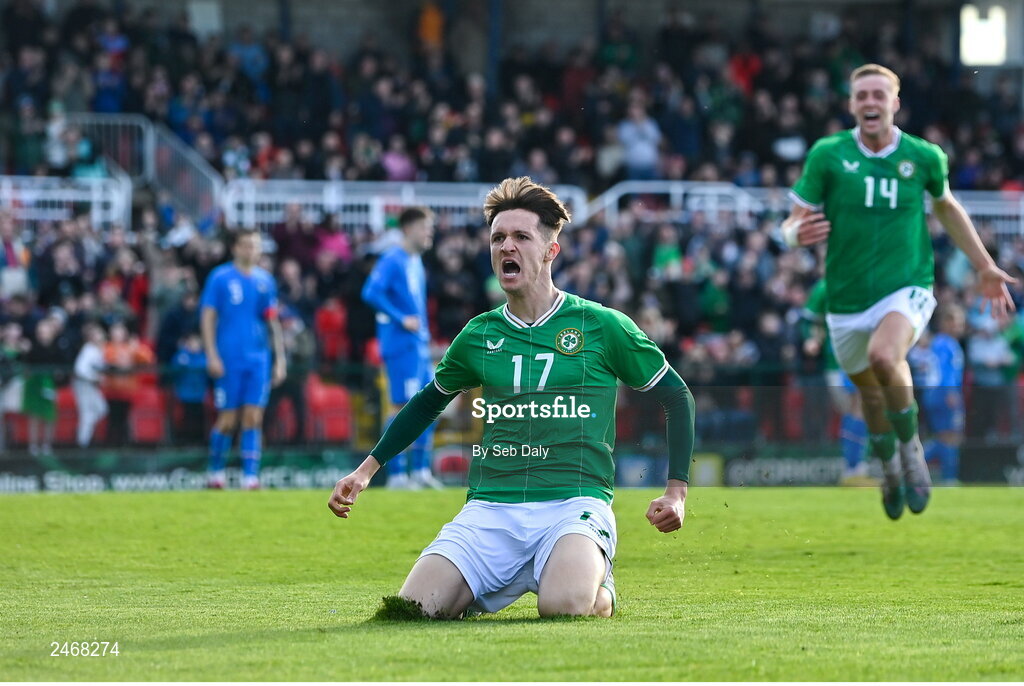 26 March 2023; Johnny Kenny of Republic of Ireland celebrates after scoring his side's second goal during the Under-21 international friendly match between Republic of Ireland and Iceland at Turners Cross in Cork. Photo by Seb Daly/Sportsfile