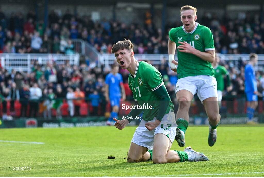 26 March 2023; Johnny Kenny of Republic of Ireland celebrates after scoring his side's second goal during the Under-21 international friendly match between Republic of Ireland and Iceland at Turners Cross in Cork. Photo by Seb Daly/Sportsfile