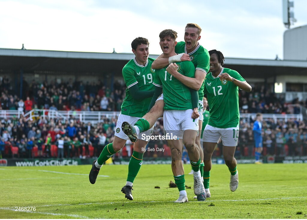 26 March 2023; Johnny Kenny of Republic of Ireland, 17, celebrates with teammates after scoring their side's second goal during the Under-21 international friendly match between Republic of Ireland and Iceland at Turners Cross in Cork. Photo by Seb Daly/Sportsfile