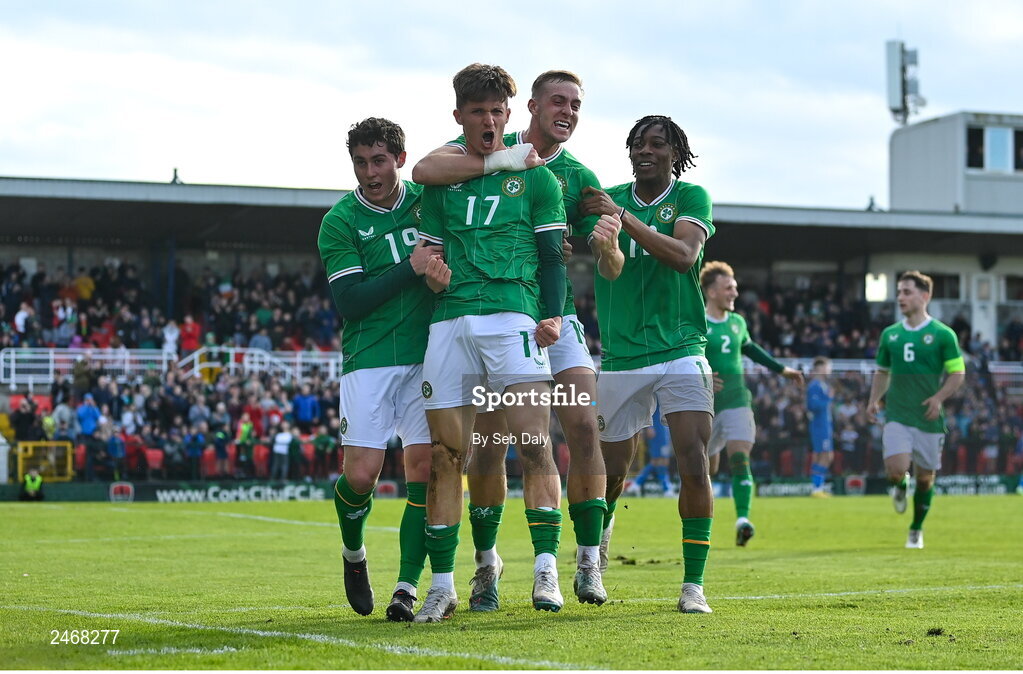 26 March 2023; Johnny Kenny of Republic of Ireland, 17, celebrates with teammates after scoring their side's second goal during the Under-21 international friendly match between Republic of Ireland and Iceland at Turners Cross in Cork. Photo by Seb Daly/Sportsfile