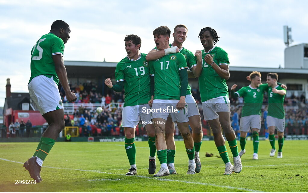 26 March 2023; Johnny Kenny of Republic of Ireland, 17, celebrates with teammates after scoring their side's second goal during the Under-21 international friendly match between Republic of Ireland and Iceland at Turners Cross in Cork. Photo by Seb Daly/Sportsfile