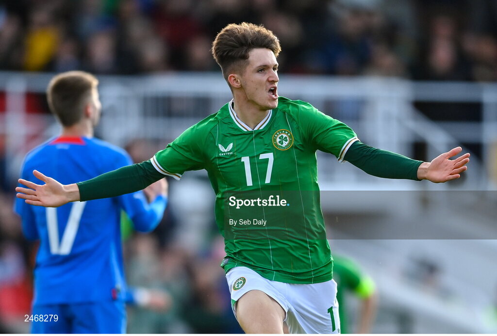 26 March 2023; Johnny Kenny of Republic of Ireland celebrates after scoring his side's second goal during the Under-21 international friendly match between Republic of Ireland and Iceland at Turners Cross in Cork. Photo by Seb Daly/Sportsfile
