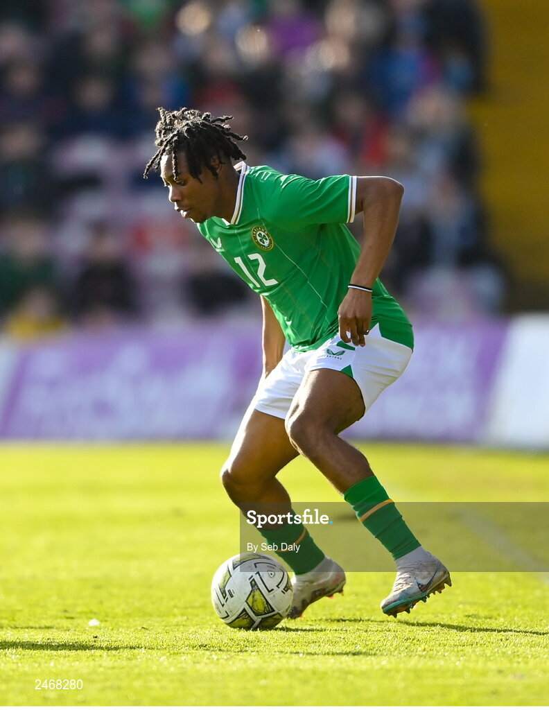 26 March 2023; Tayo Adaramola of Republic of Ireland during the Under-21 international friendly match between Republic of Ireland and Iceland at Turners Cross in Cork. Photo by Seb Daly/Sportsfile