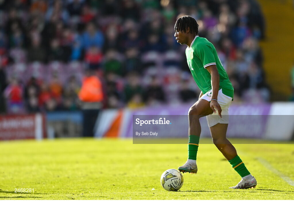 26 March 2023; Tayo Adaramola of Republic of Ireland during the Under-21 international friendly match between Republic of Ireland and Iceland at Turners Cross in Cork. Photo by Seb Daly/Sportsfile