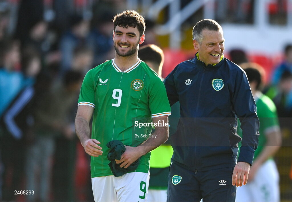 26 March 2023; Republic of Ireland manager Jim Crawford and Tom Cannon after their side's victory in the Under-21 international friendly match between Republic of Ireland and Iceland at Turners Cross in Cork. Photo by Seb Daly/Sportsfile