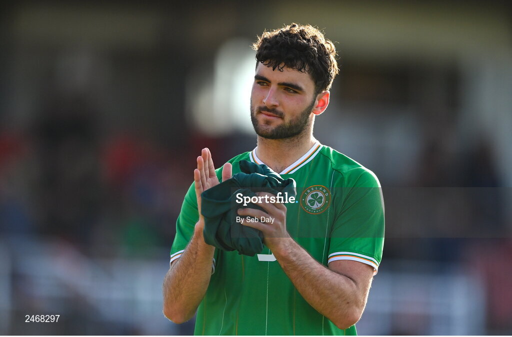 26 March 2023; Tom Cannon of Republic of Ireland after his side's victory in the Under-21 international friendly match between Republic of Ireland and Iceland at Turners Cross in Cork. Photo by Seb Daly/Sportsfile