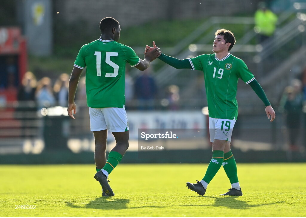 26 March 2023; Kian Leavy, right, and Sinclair Armstrong of Republic of Ireland after their side's victory in the Under-21 international friendly match between Republic of Ireland and Iceland at Turners Cross in Cork. Photo by Seb Daly/Sportsfile
