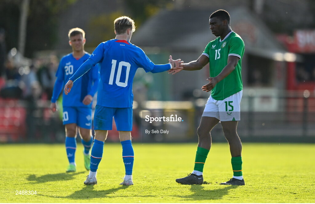 26 March 2023; Sinclair Armstrong of Republic of Ireland, right, and Kristall Mani Ingason of Iceland after the Under-21 international friendly match between Republic of Ireland and Iceland at Turners Cross in Cork. Photo by Seb Daly/Sportsfile