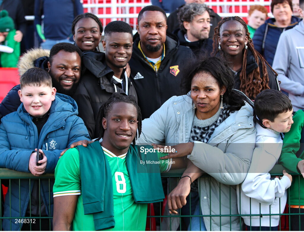 26 March 2023; Bosun Lawal of Republic of Ireland with family after the Under-21 international friendly match between Republic of Ireland and Iceland at Turner's Cross in Cork. Photo by Michael P Ryan/Sportsfile